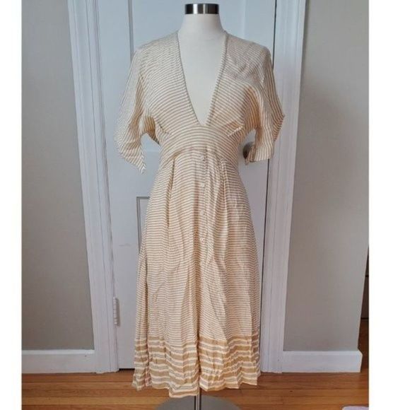 Faithfull the Brand Cream and Tan Striped Midi Dress - Picture 3 of 13